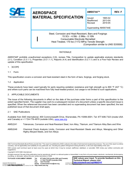 SAE AMS5744F-2019  Steel, Corrosion And Heat-Resistant, Bars And Forgings 15.5Cr - 4.5Ni - 2.9Mo - 0.10N Consumable Electrode Remelted Heat Treated, 170 Ksi (1172 Mpa) Tensile Strength (Uns S35500)