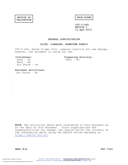 NAVY CCC-C-46D VALID NOTICE 3-2019  Cloth, Cleaning, Nonwoven Fabric