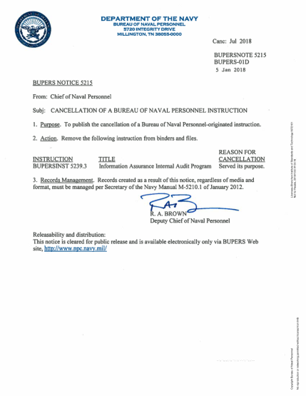 NIDS BUPERS NOTE 5215-2018  (Bupers-01D) Cancellation Of Bureau Of Naval Personnel Instructions