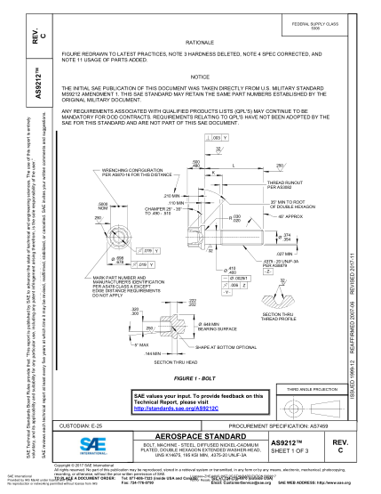 SAE AS9212C-2017  Bolt,Machine - Steel,Diffused Nickel-Cadmium Plated,Double Hexagon Extended Washer-Head,Uns K14675,195 Ksi Min,.4375-20 Unjf-3A