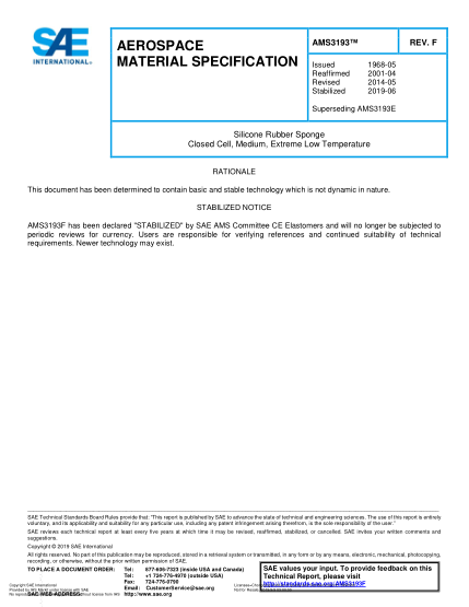 SAE AMS3193F-2019  Silicone Rubber Sponge Closed Cell, Medium, Extreme Low Temperature