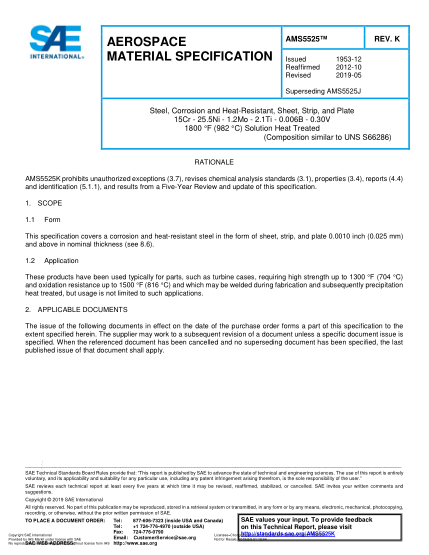 SAE AMS5525K-2019  Steel, Corrosion And Heat-Resistant, Sheet, Strip, And Plate 15Cr - 25.5Ni - 1.2Mo - 2.1Ti - 0.006B - 0.30V 1800 °F (982 °C) Solution Heat Treated (Uns S66286)