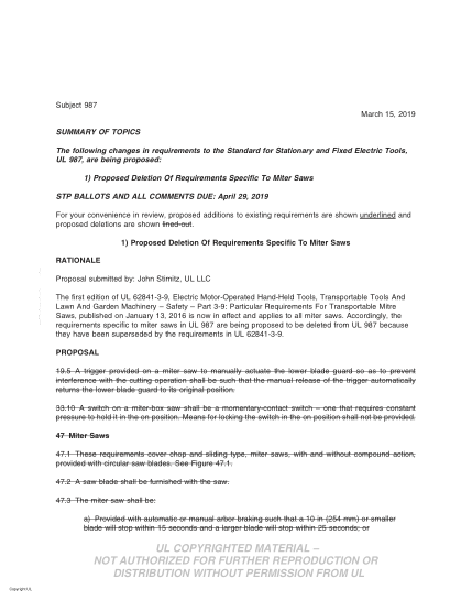 UL 987 BULLETIN-2019  UL Standard For Safety Stationary And Fixed Electric Tools (Comments Due: April 29, 2019)
