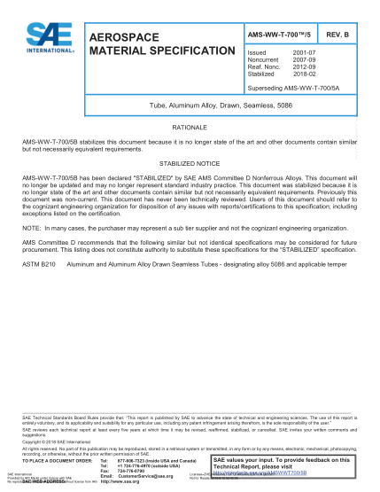 SAE AMS-WW-T-700/5B-2018  Tube,Aluminum Alloy,Drawn,Seamless,5086