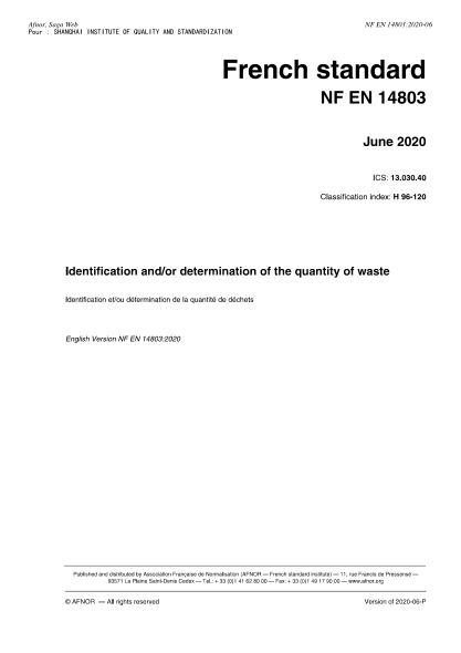 NF EN 14803-2020  Identification and/or determination of the quantity of waste