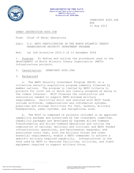 NIDS OPNAV 4000.35N-2013  (N46) U.S. Navy Participation In The North Atlantic Treaty Organization Security Investment Program