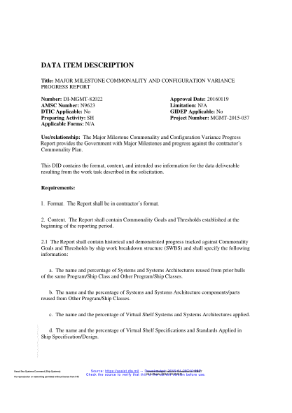 NAVY DI-MGMT-82022-2016  Major Milestone Commonality And Configuration Variance Progress Report