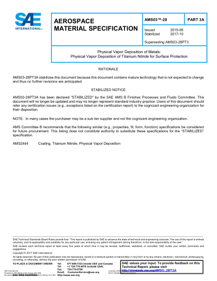 SAE AMS03-28-3A-2017  Physical Vapor Deposition Of Metals:Physical Vapor Deposition Of Titanium Nitride For Surface Protection