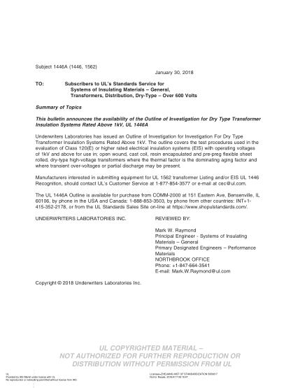 UL 1562 BULLETIN-2018  Ul Standard For Safety Transformers, Distribution, Dry-Type - Over 600 Volts