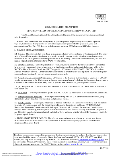 NAVY A-A-59977-2016  Detergent,Ready-To-Use,General Purpose (Spray-On,Wipe-Off)