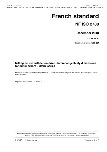 NF E66-204-2018  Milling cutters with tenon drive - Interchangeability dimensions for cutter arbors - Metric series