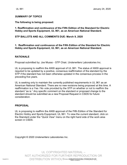 UL 961 BULLETIN-2020  UL Standard For Safety Electric Hobby And Sports Equipment (Comments Due: March 9, 2020)