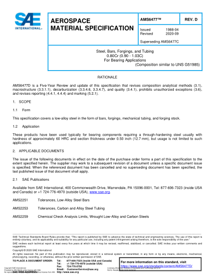 SAE AMS6477D-2020  Steel, Bars, Forgings, And Tubing 0.80Cr (0.90 - 1.03C) For Bearing Applications (Uns G51985)