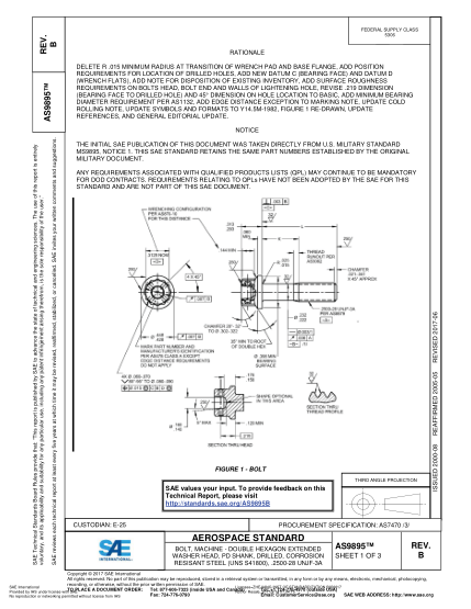 SAE AS9895B-2017  Bolt,Machine - Double Hexagon Extended Washer Head,Pd Shank,Drilled,Corrosion Resisant Steel (Uns S41800),.2500-28 Unjf-3A