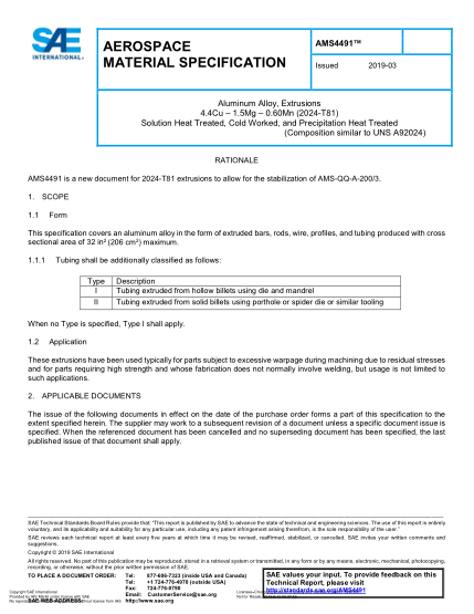 SAE AMS4491-2019  Aluminum Alloy, Extrusions 4.4Cu – 1.5Mg – 0.60Mn (2024-T81) Solution Heat Treated, Cold Worked, And Precipitation Heat Treated (Uns A92024)