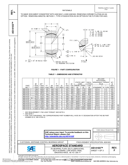 SAE AS14103F-2018  (R) Bearing,Plain,Self-Lubricating,Self-Aligning,Low Speed,Wide,Grooved Race,-65 To +325°F