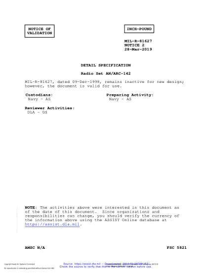 NAVY MIL-R-81627 VALID NOTICE 2-2019  Radio Set An/Arc-142