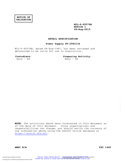 NAVY MIL-P-85576B VALID NOTICE 1-2019  Power Supply Pp-2581C/A