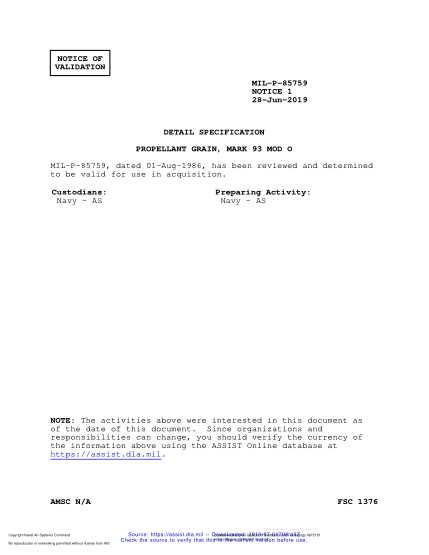 NAVY MIL-P-85759 VALID NOTICE 1-2019  Propellant Grain, Mark 93 Mod O