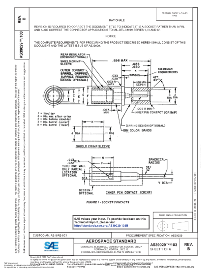 SAE AS39029/103B-2017  Contacts,Electrical Connector,Socket,Crimp Removable,Coaxial,Size 12 (For Mil-Dtl-38999 Series I,Iii And Iv Connectors)