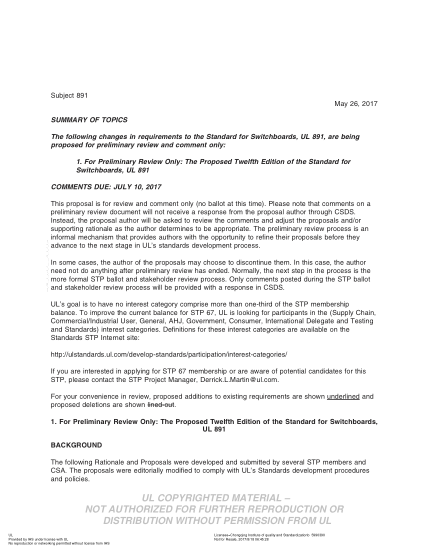 UL 891 BULLETIN/2-2017  Ul Standard For Safety Switchboards (Comments Due: July 10, 2017)