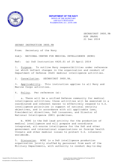 NIDS SECNAV 3800.9B-2018  (Asn (M&Ra)) National Center For Medical Intelligence (Ncmi)