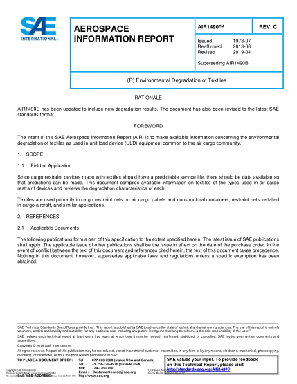 SAE AIR1490C-2019  (R) Environmental Degradation Of Textiles