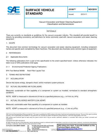 SAE J3106-2019  Vacuum Excavation and Sewer Cleaning Equipment Classification and Nomenclature