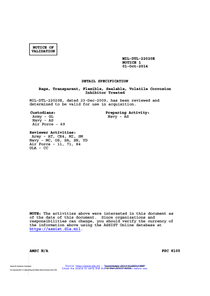 NAVY MIL-DTL-22020E VALID NOTICE 1-2014  Bags,Transparent,Flexible,Sealable,Volatile Corrosion Inhibitor Treated