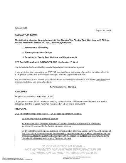 UL 2443 BULLETIN/2-2018  UL Standard for Safety Flexible Sprinkler Hose with Fittings for Fire Protection Service (COMMENTS DUE: September 17, 2018)