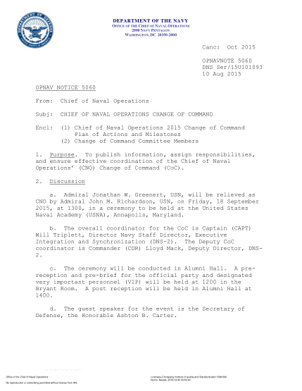 NIDS OPNAV NOTE 5060 15U101093-2015  (Dns Ser/15U101093) Chief Of Naval Operations Change Of Command