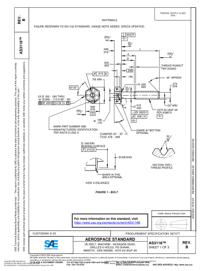 SAE AS3118B-2020  (R) Bolt, Machine - Hexagon Head, Drilled 6 Holes, Pd Shank, Ams5731, Uns S66286, .4375-20 Unjf-3A