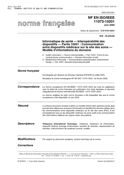 NF EN ISO/IEEE 11073-10201-2020  Health informatics - Device interoperability - Part 10201 : point-of-care medical device communication - Domain information model